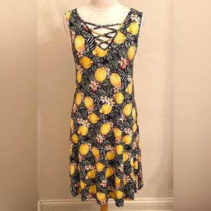 Spense Black Yellow Lemon Print M Almafi Italian Picnic Chic Criss Cross Dress